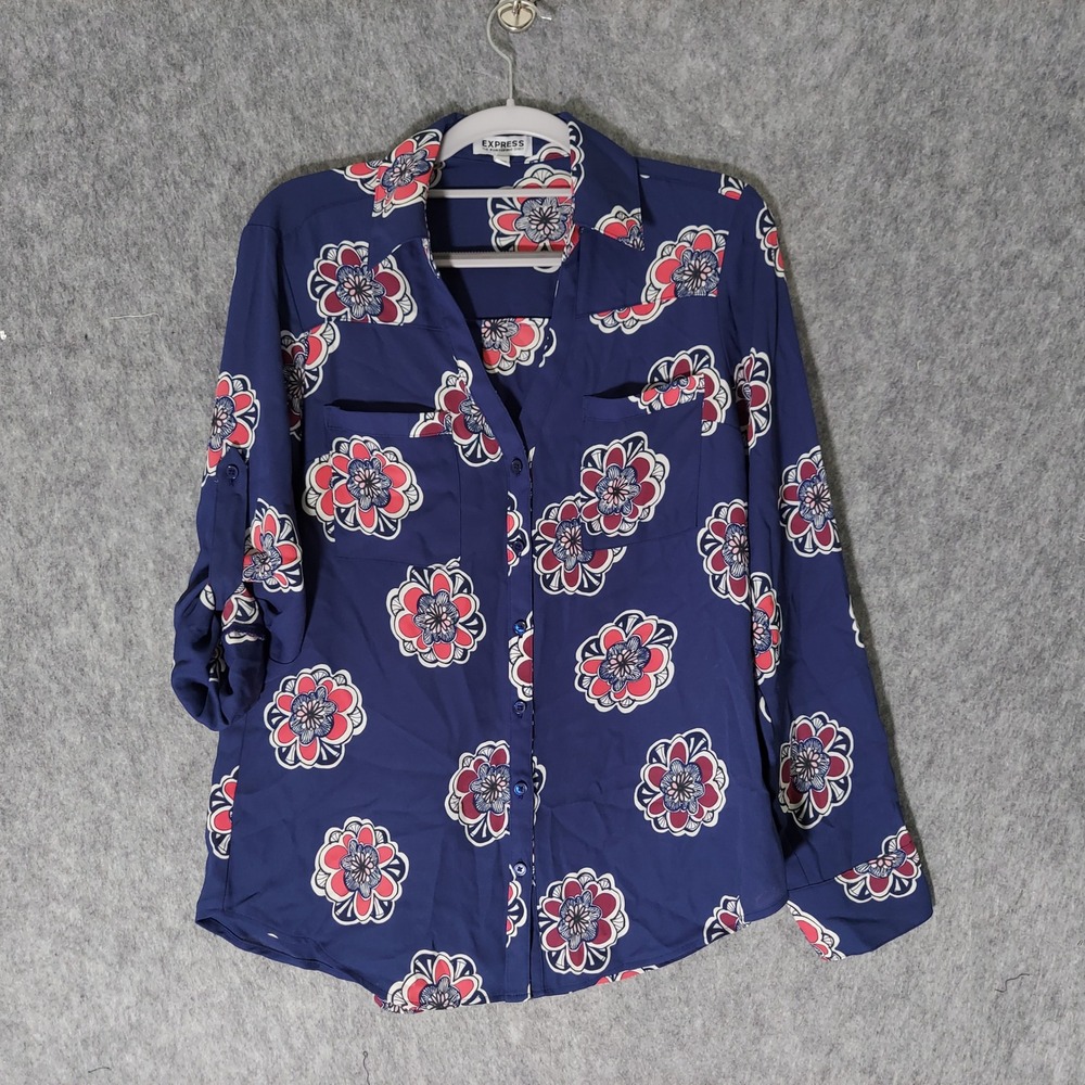 Express Women Portofino Shirt S Navy Blue Floral Roll Tab Sleeve Button Collared